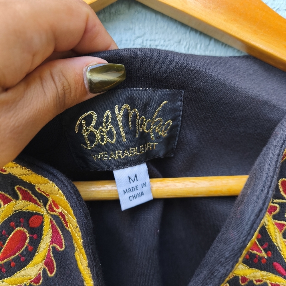 90s Bob Mackie Embroidered Ponte Knit Tunic Flare Sleeve sz M Black Gold Red - Picture 5 of 10